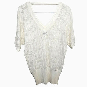 Finn Flare Large Women's Sweater Short Sleeve Cream Shear V-Neck Grandma Scandi